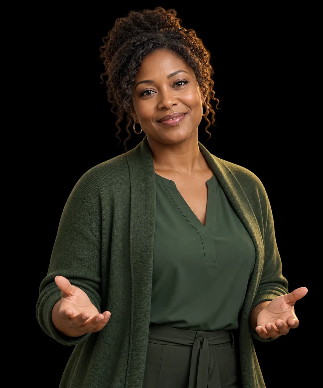 A community guide with a welcoming expression and open hands