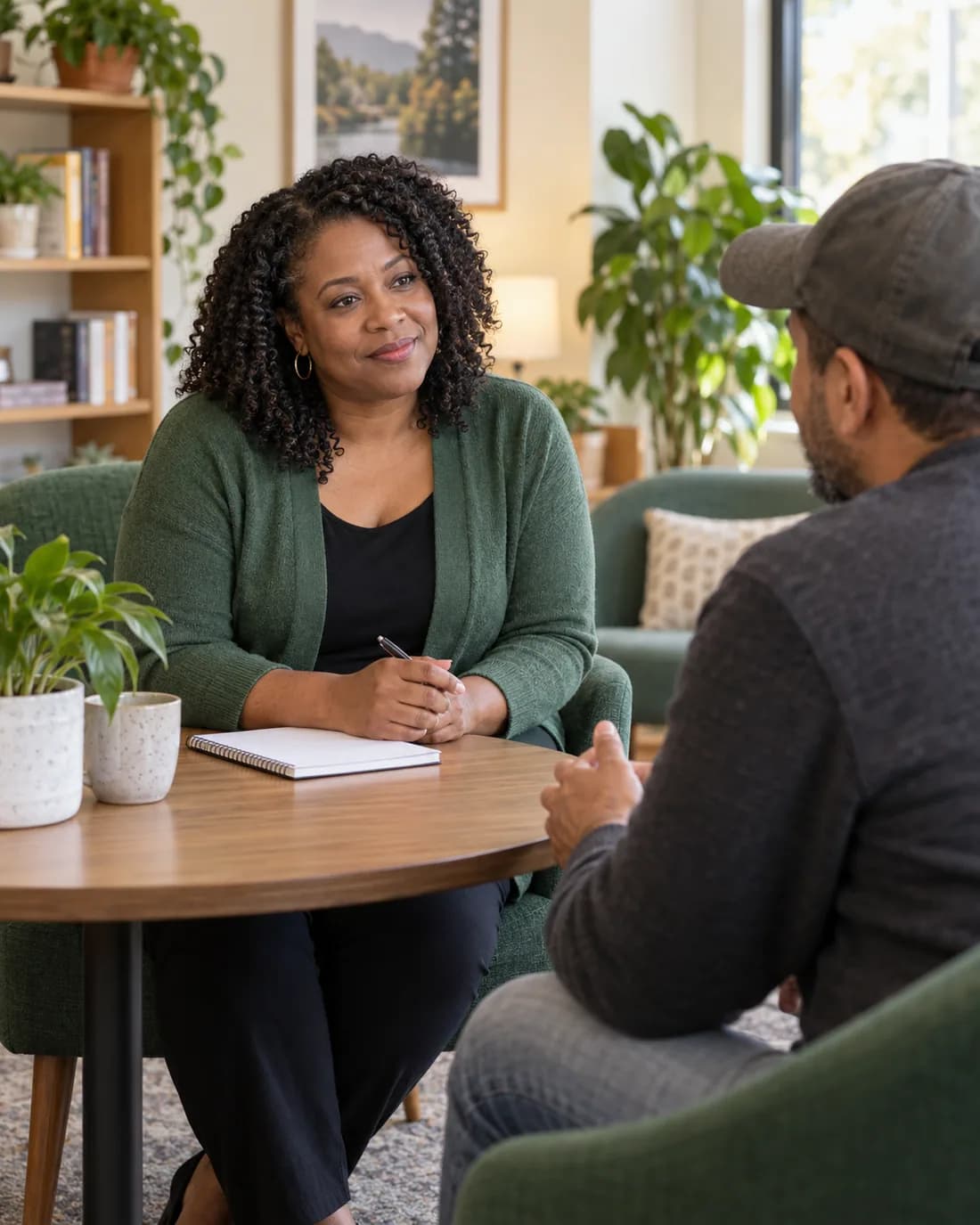 A supportive conversation in a welcoming community space