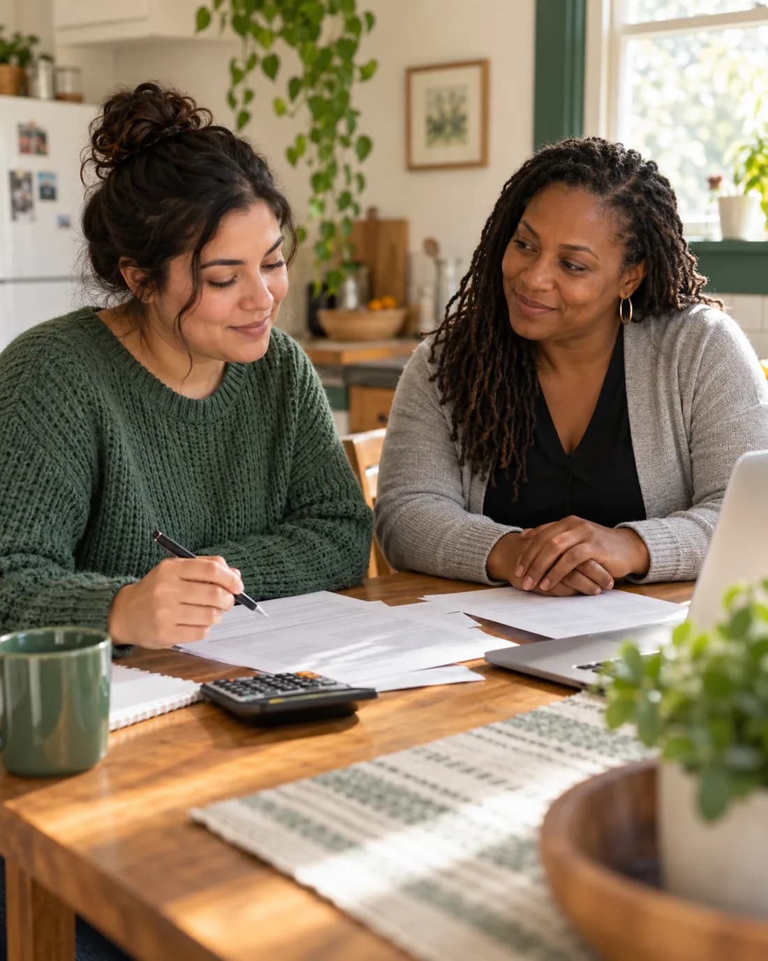 Two adults reviewing household expenses at a table
