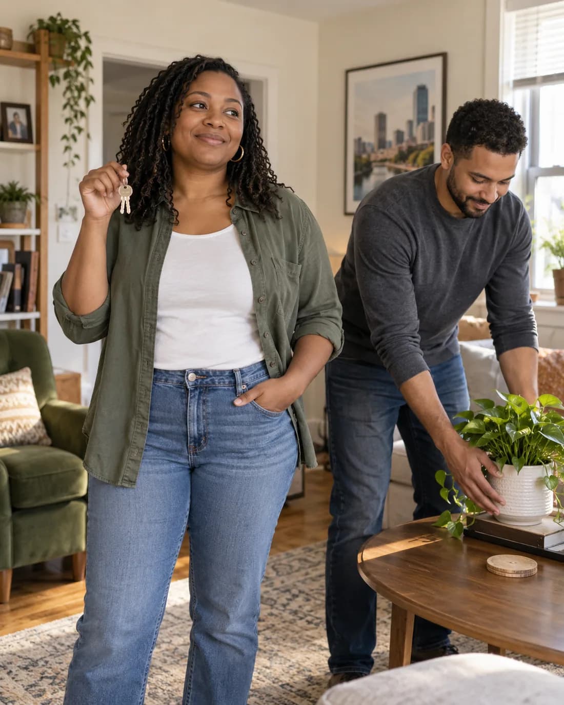 Two adults settling into a bright apartment